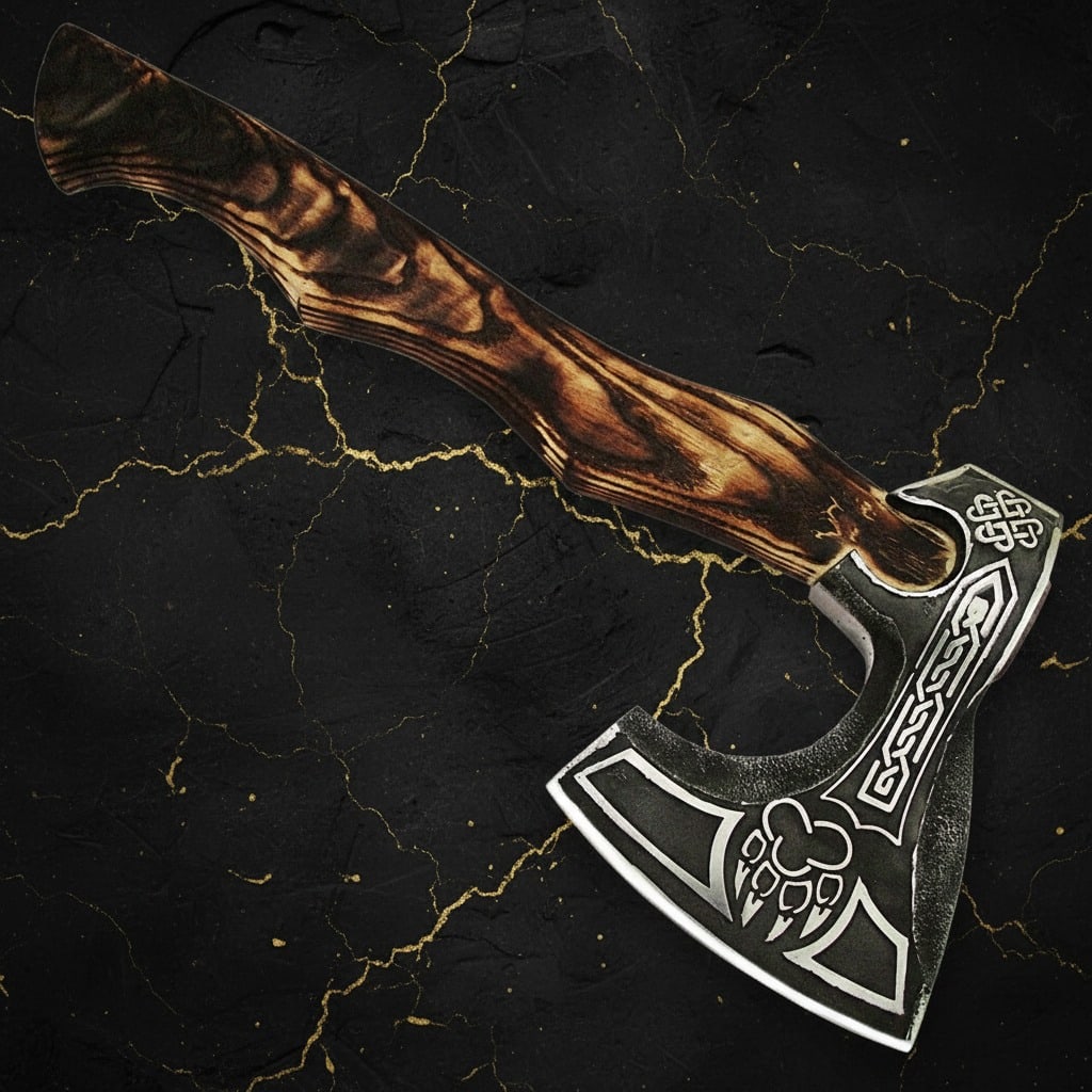 Hand-Forged Etched Steel Hatchet Intricately Carved Battle Axe Tool - 2