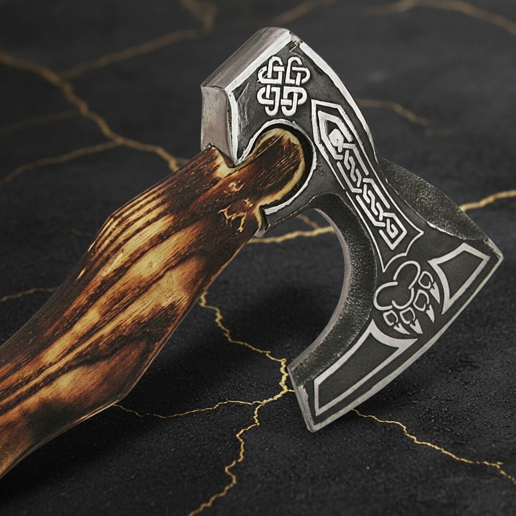 Hand-Forged Etched Steel Hatchet Intricately Carved Battle Axe Tool - 3