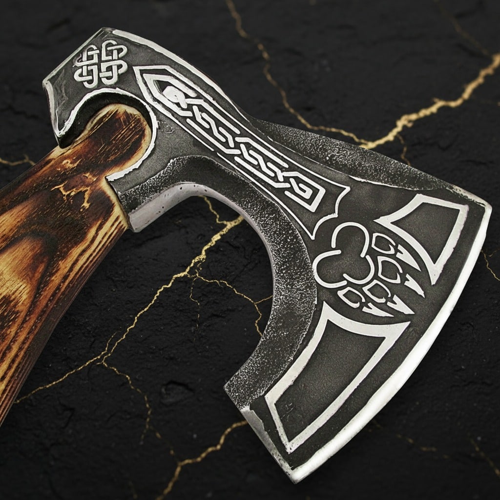 Hand-Forged Etched Steel Hatchet Intricately Carved Battle Axe Tool - 5