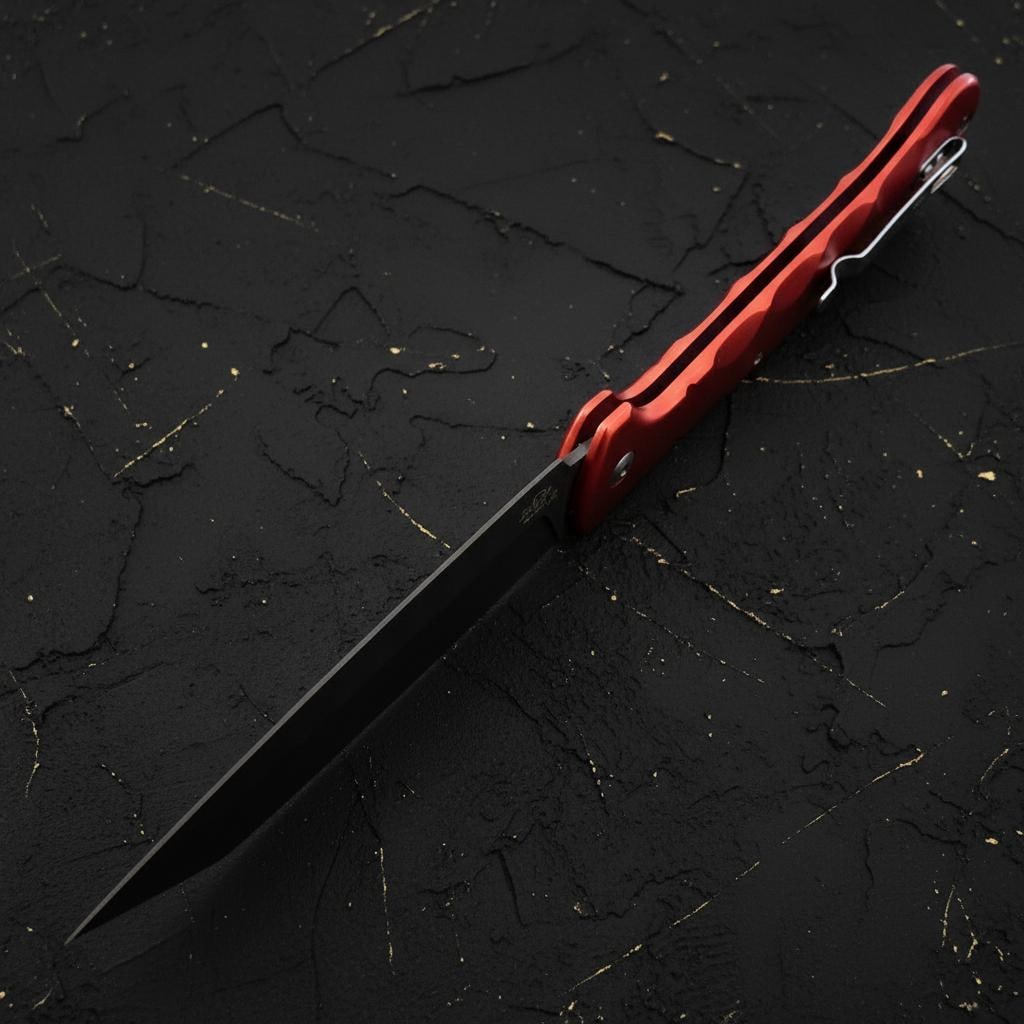 Damascus Steel Santoku Lockback Folding Knife, Rough Ryder Sous Chef Red Aluminum - 4