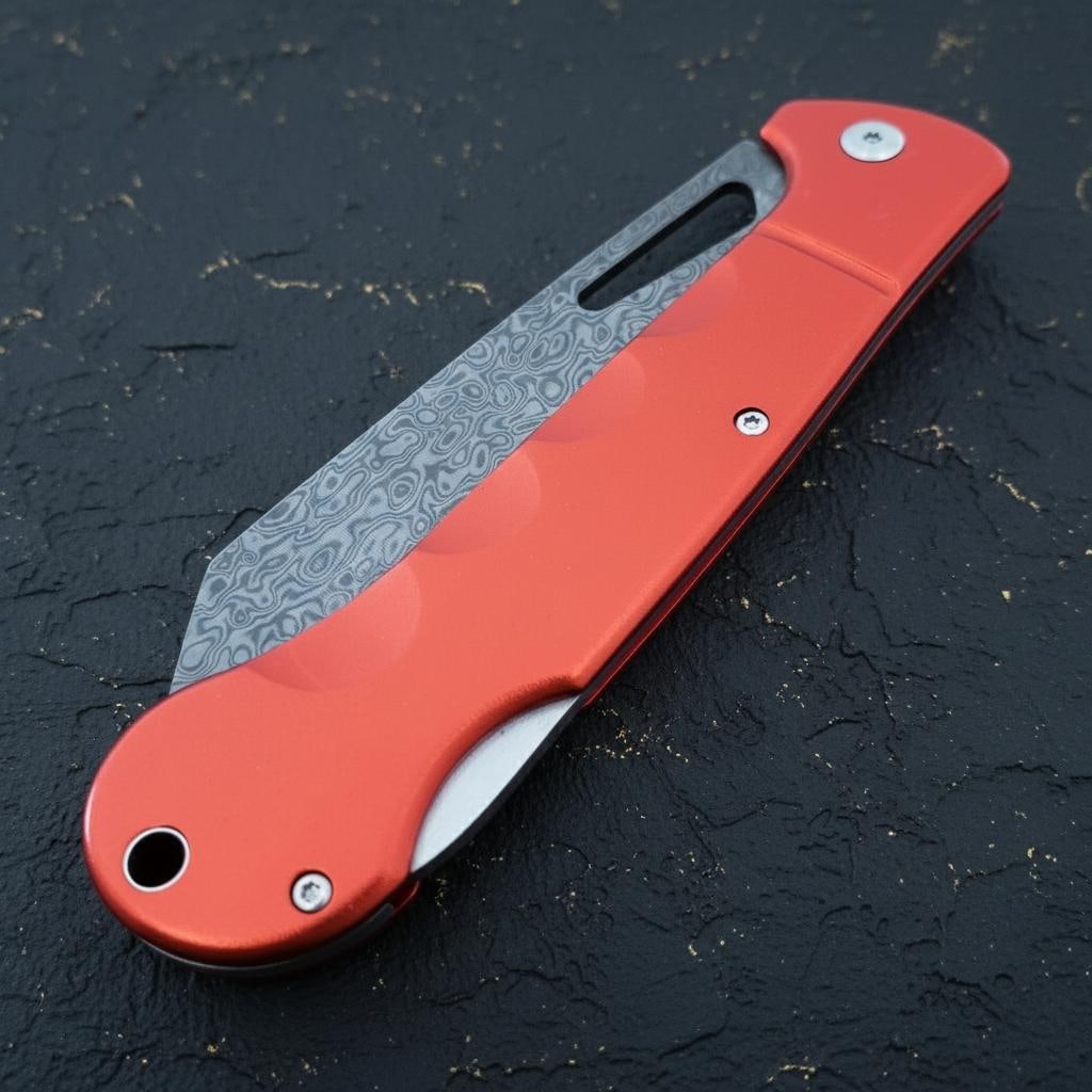 Damascus Steel Santoku Lockback Folding Knife, Rough Ryder Sous Chef Red Aluminum - 6