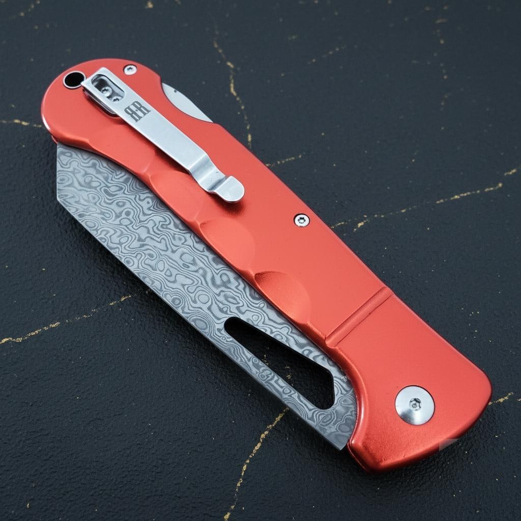 Damascus Steel Santoku Lockback Folding Knife, Rough Ryder Sous Chef Red Aluminum - 7