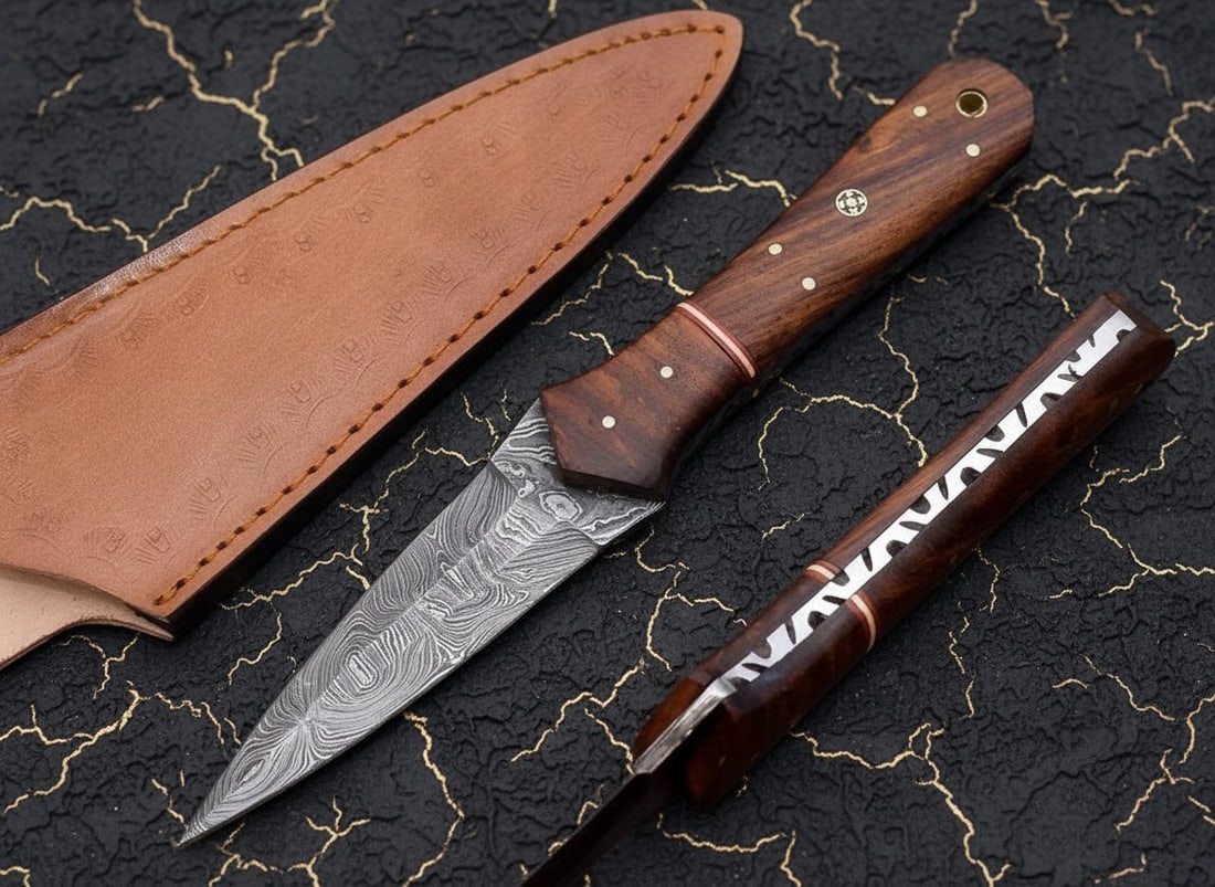 Damascus Steel V42 Double Edge Tactical Boot Knife Wood Handle Combat Dagger (1 of 3)