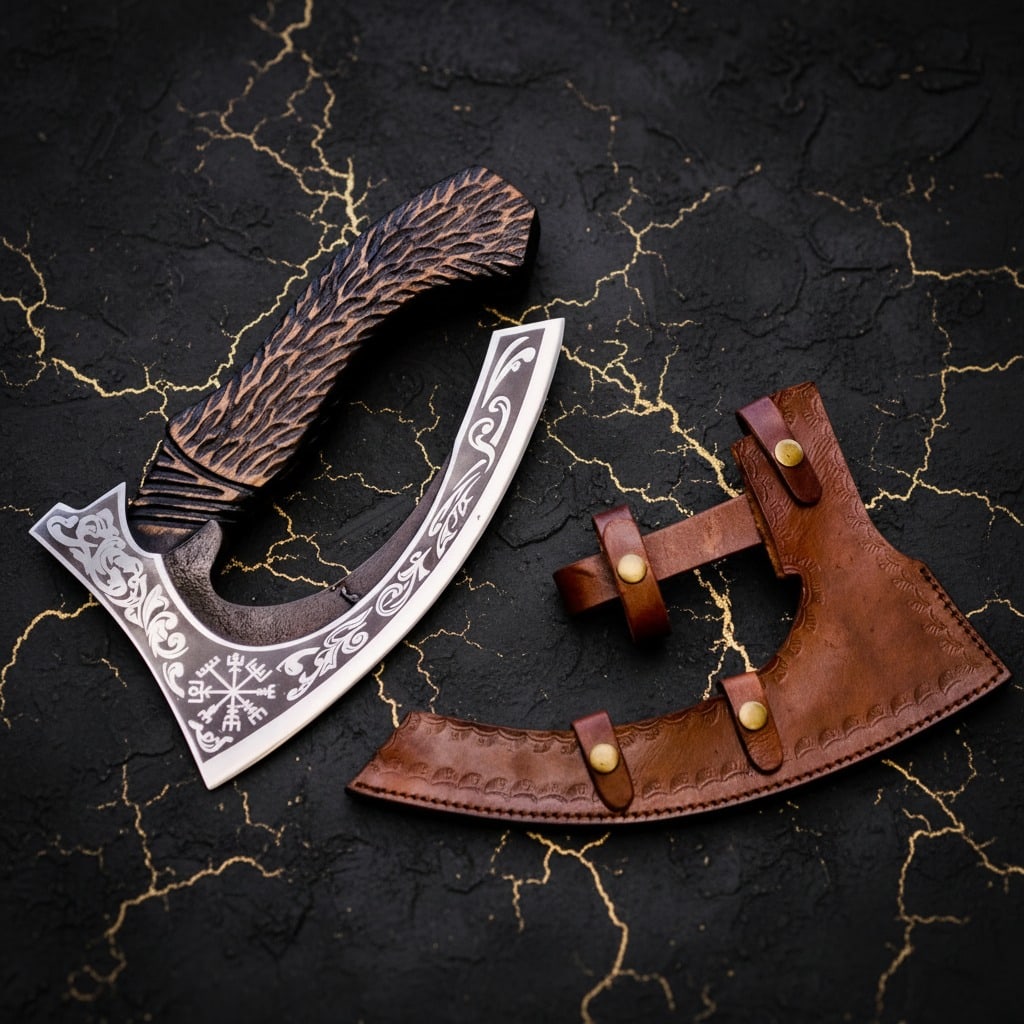 14" Hand-Forged Viking Pizza Axe Bearded Camping Hatchet With Leather Sheath (1 of 6)