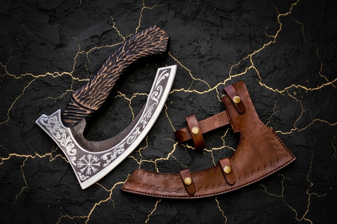 14" Hand-Forged Viking Pizza Axe Bearded Camping Hatchet With Leather Sheath - 2