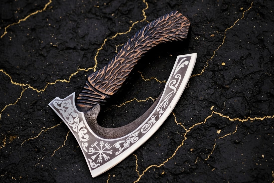 14" Hand-Forged Viking Pizza Axe Bearded Camping Hatchet With Leather Sheath - 3