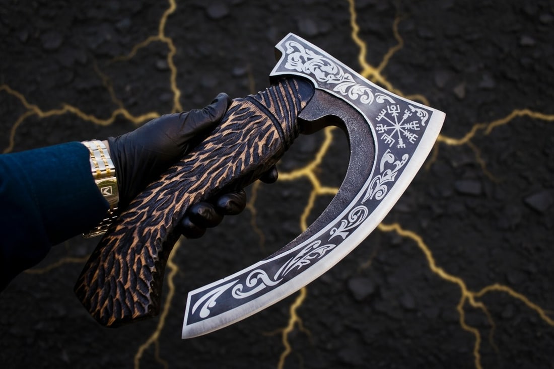 14" Hand-Forged Viking Pizza Axe Bearded Camping Hatchet With Leather Sheath - 4