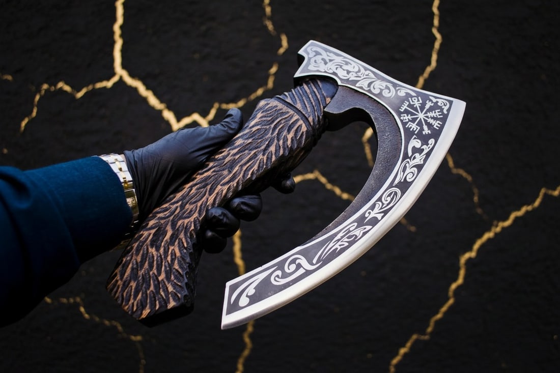 14" Hand-Forged Viking Pizza Axe Bearded Camping Hatchet With Leather Sheath - 5