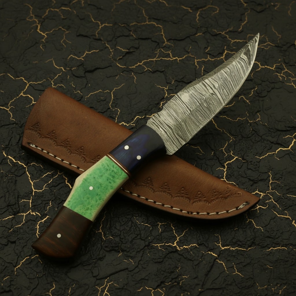 Hand Forged Damascus Steel Bowie Skinner Knife With Leather Sheath: Title:Hand Forged Damascus Steel Bowie Skinner Knife With Leather Sheath Description:This handmade hunting knife features a durable Damascus steel blade and a Pakka wood handle. Please note that as