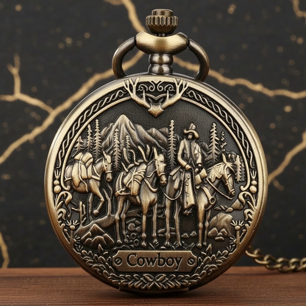 Engraved Western Cowboy with Horses Bronze Sculpture Figurine Art Piece: Title:Engraved Western Cowboy with Horses Bronze Sculpture Figurine Art Piece Description:This vintage-style pocket watch features a bronze-toned engraved design depicting a cowboy with his pack