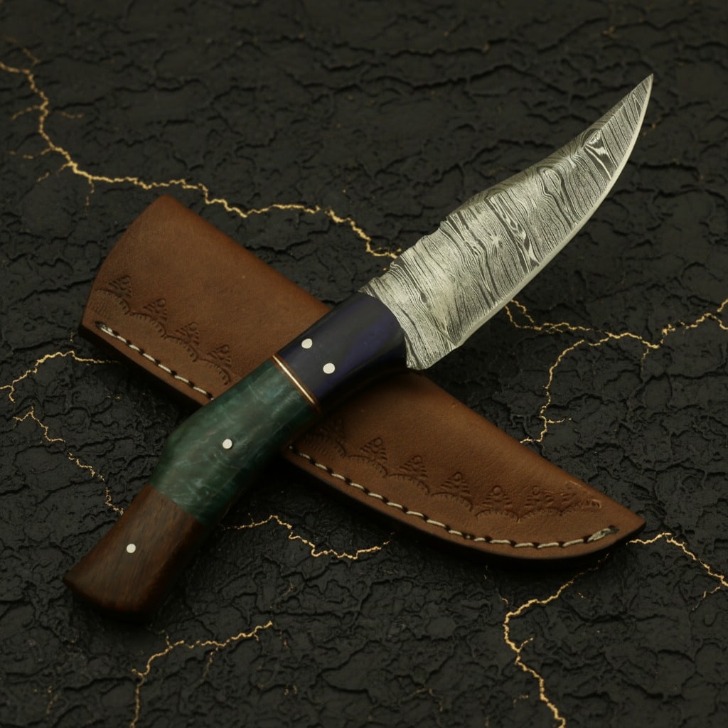 Hand-Forged Damascus Steel Bowie Skinner Knife w/ Leather Sheath Fixed Blade - 3