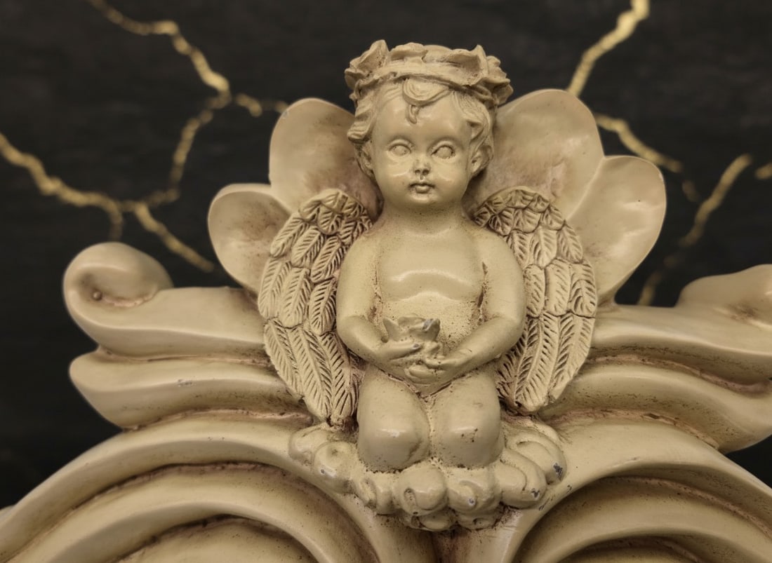 21" Vintage Cherub Door Pediment Wall Plaque Cream Composite Relief Decor - 2
