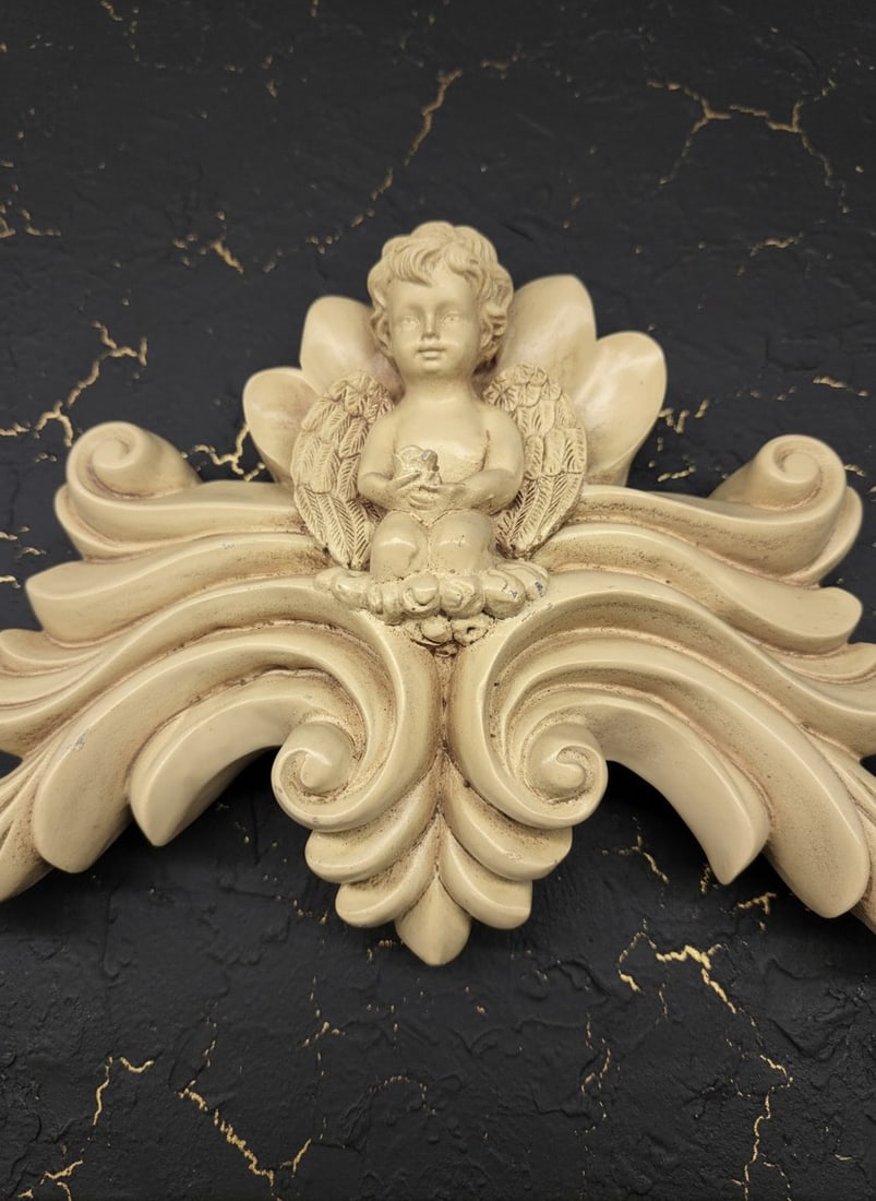 21" Vintage Cherub Door Pediment Wall Plaque Cream Composite Relief Decor - 8