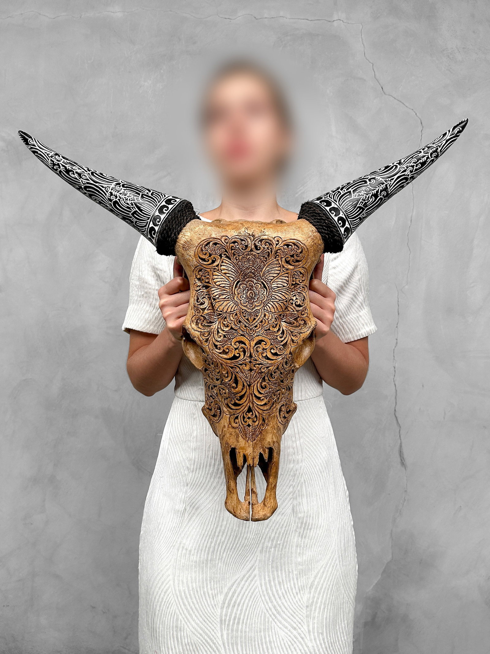 Brown cow skull with bohemian carved horns - Lotus motif: Title: Brown cow skull with bohemian carved horns - Lotus motif Maker:Unknown Origin: Indonesia Date/Period:2026 Materials:Bos Taurus, Bone, Horn Dimensions:Height: 56 cm / 22 inches Width: 64 cm /