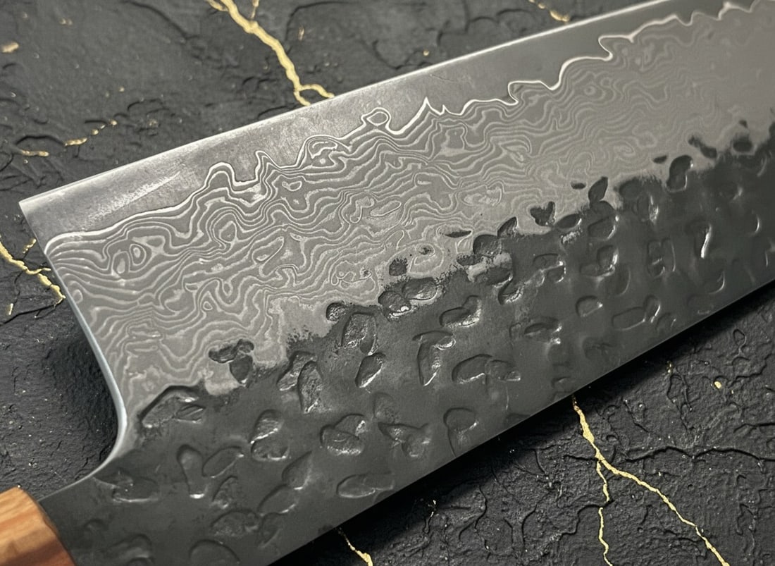 7" Nakiri Kitchen Knife Damascus Steel Hammered Blade Wood Octagonal Handle - 10