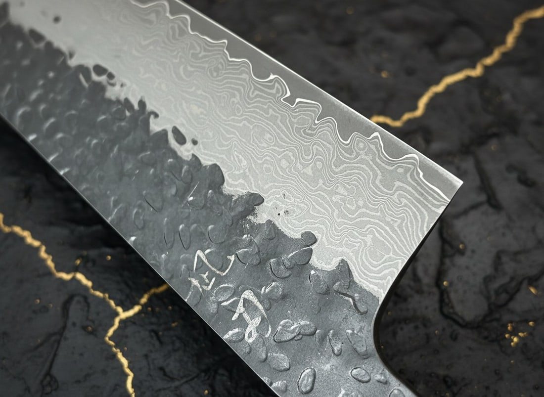 7" Nakiri Kitchen Knife Damascus Steel Hammered Blade Wood Octagonal Handle - 8