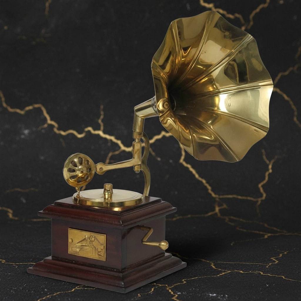Vintage Style 9" Brass Horn Gramophone Desk Player Antique Look Gift: Title:Vintage Style 9" Brass Horn Gramophone Desk Player Antique Look Gift Description:Enhance your home decor with this charming decorative mini gramophone player. Crafted from high-quality dark brow