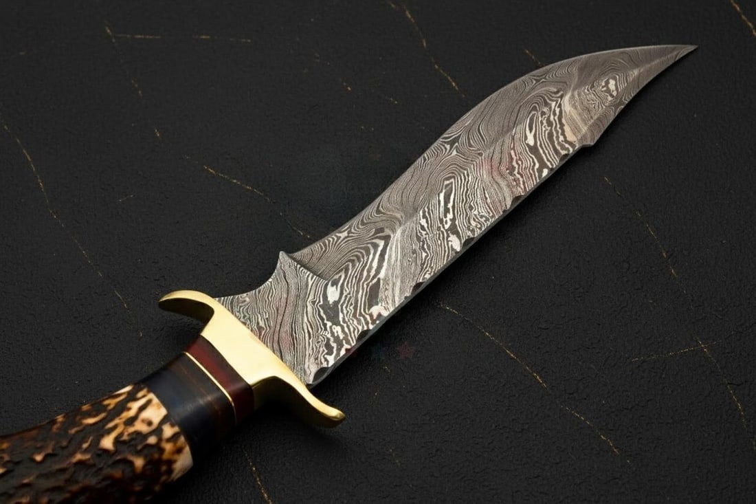 Forged Damascus Steel Hunting Bowie Knife 10" Custom Made with Deer Antler Handle - 6