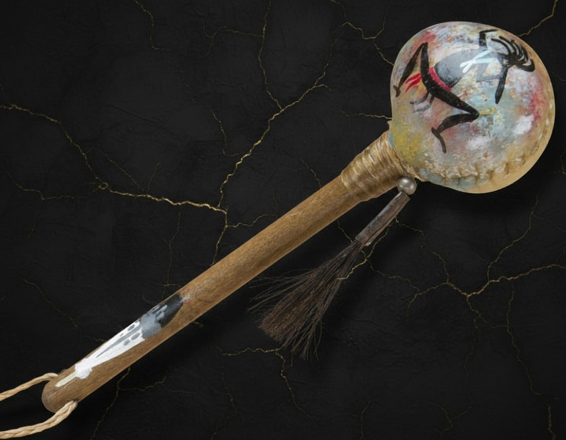 8" Native American Rawhide Kokopelli Rattle Hand Painted Assorted (1 of 2)