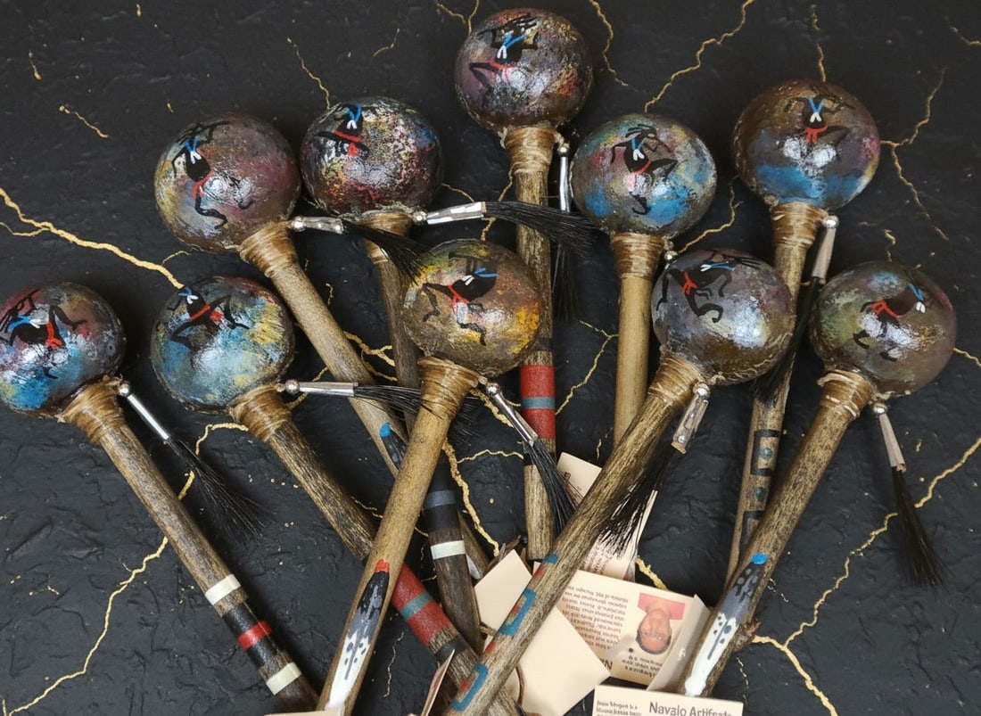 8" Native American Rawhide Kokopelli Rattle Hand Painted Assorted - 2