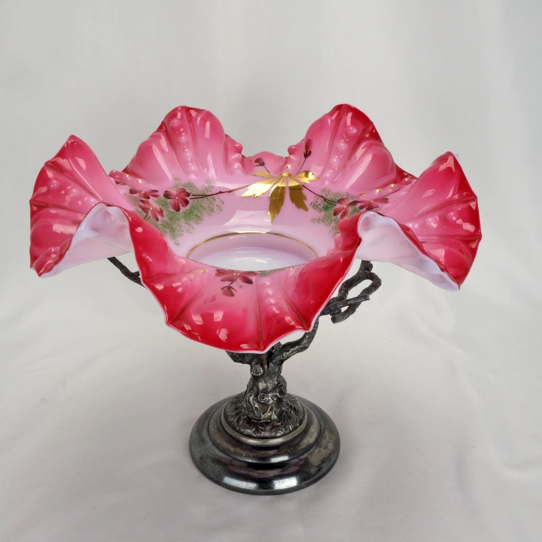 19th C Silverplate Stand w/ Glass Bowl: Title:19th C Silverplate Stand w/ Glass Bowl Size:Bowl - 11 in (27.9 cm) diameter Base - 8 in (20.3 cm) diameter x 7 in (17.8 cm) tall. Overall - 11 in (27.9 cm) diameter x 8 1/2 in (21.6 cm) Descript