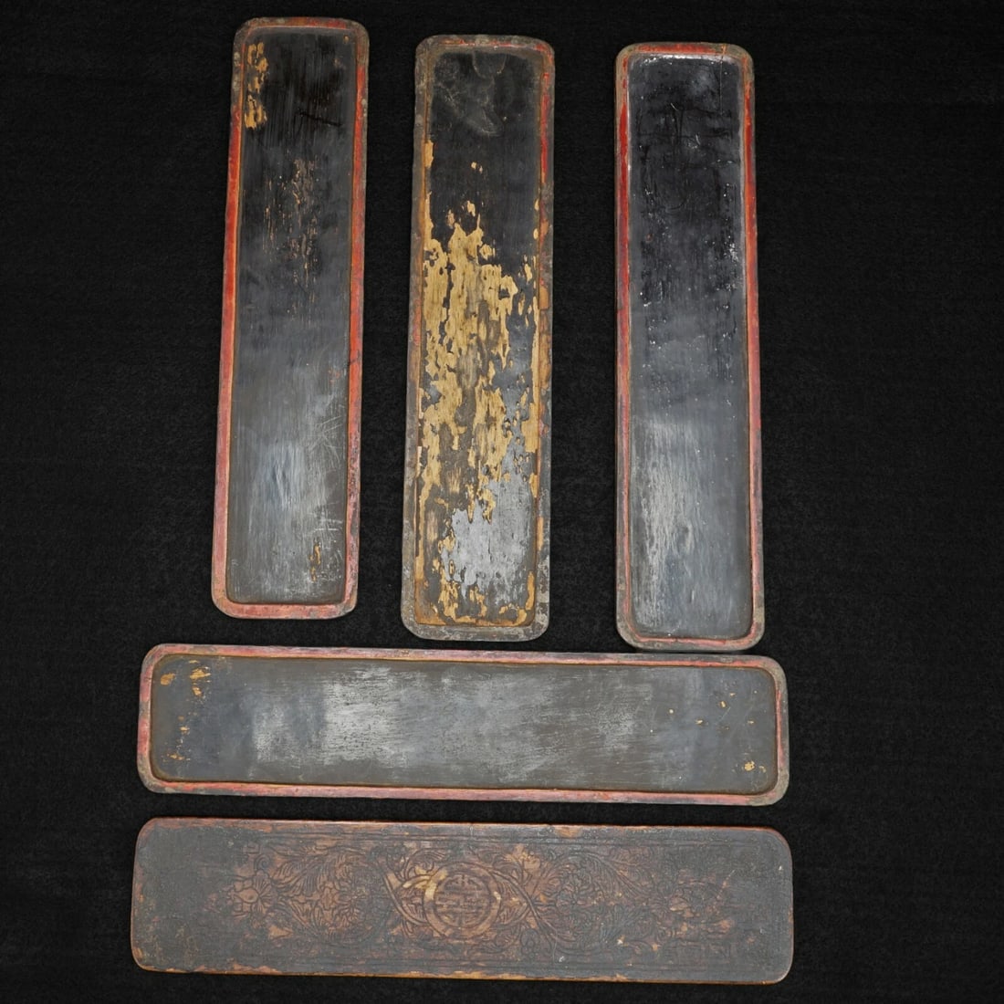 19th C Qing Chinese Lacquer Scholars Tablets: Title:19th C Qing Chinese Lacquer Scholars Tablets Size:Each tablet measures 11 in (27.9 cm) long x 2 1/2 in (6.4 cm) wide x 3/16 in (.5 cm) thick. Description:A set of five rectangular carved wood la