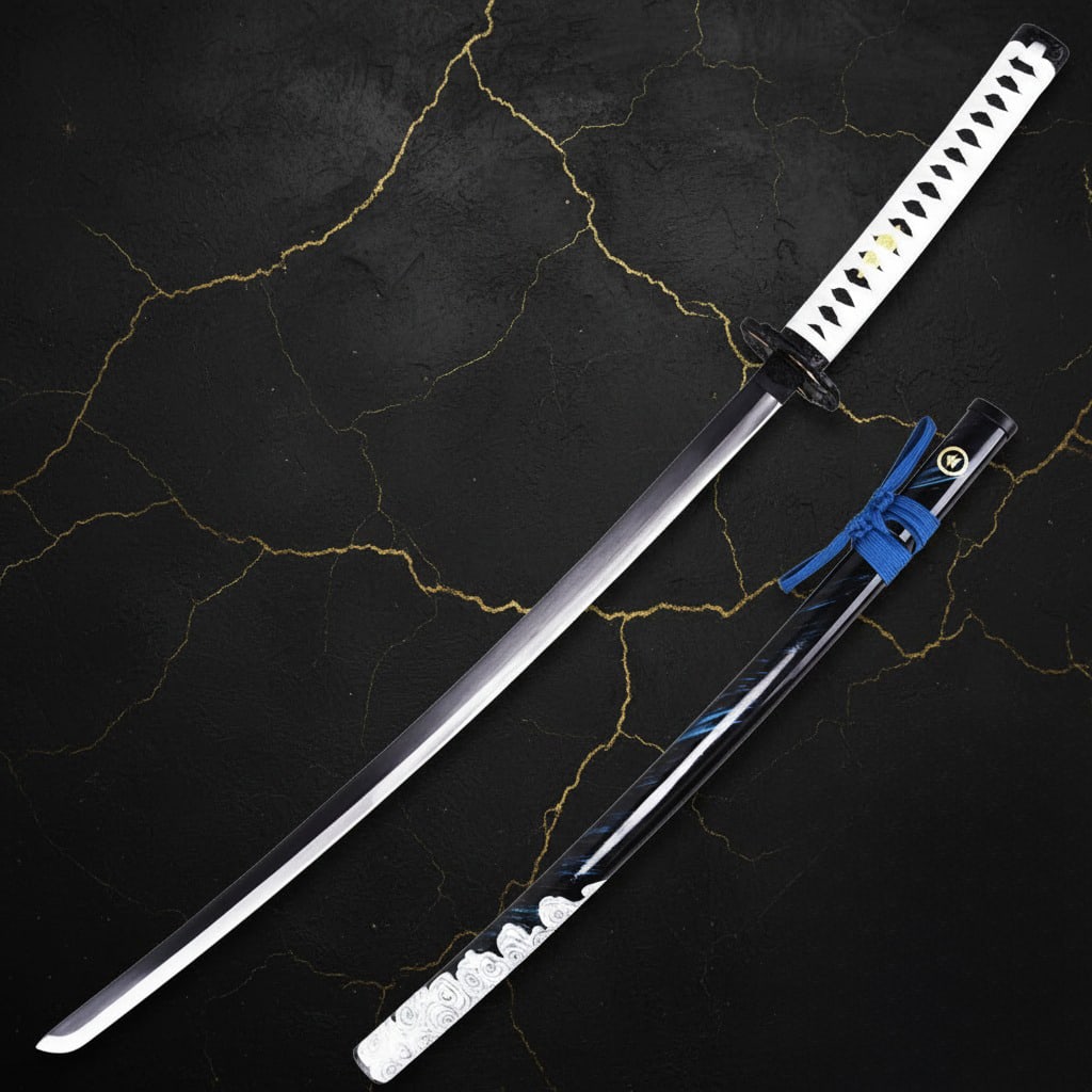 Hand-Forged Samurai Blade Inspired by Tsushima Warrior Steel Weapon: Title:Hand-Forged Samurai Blade Inspired by Tsushima Warrior Steel Weapon Description:This Ghost of Tsushima-inspired katana is crafted with intricate details, reflecting the design of Jin Sakai's bla