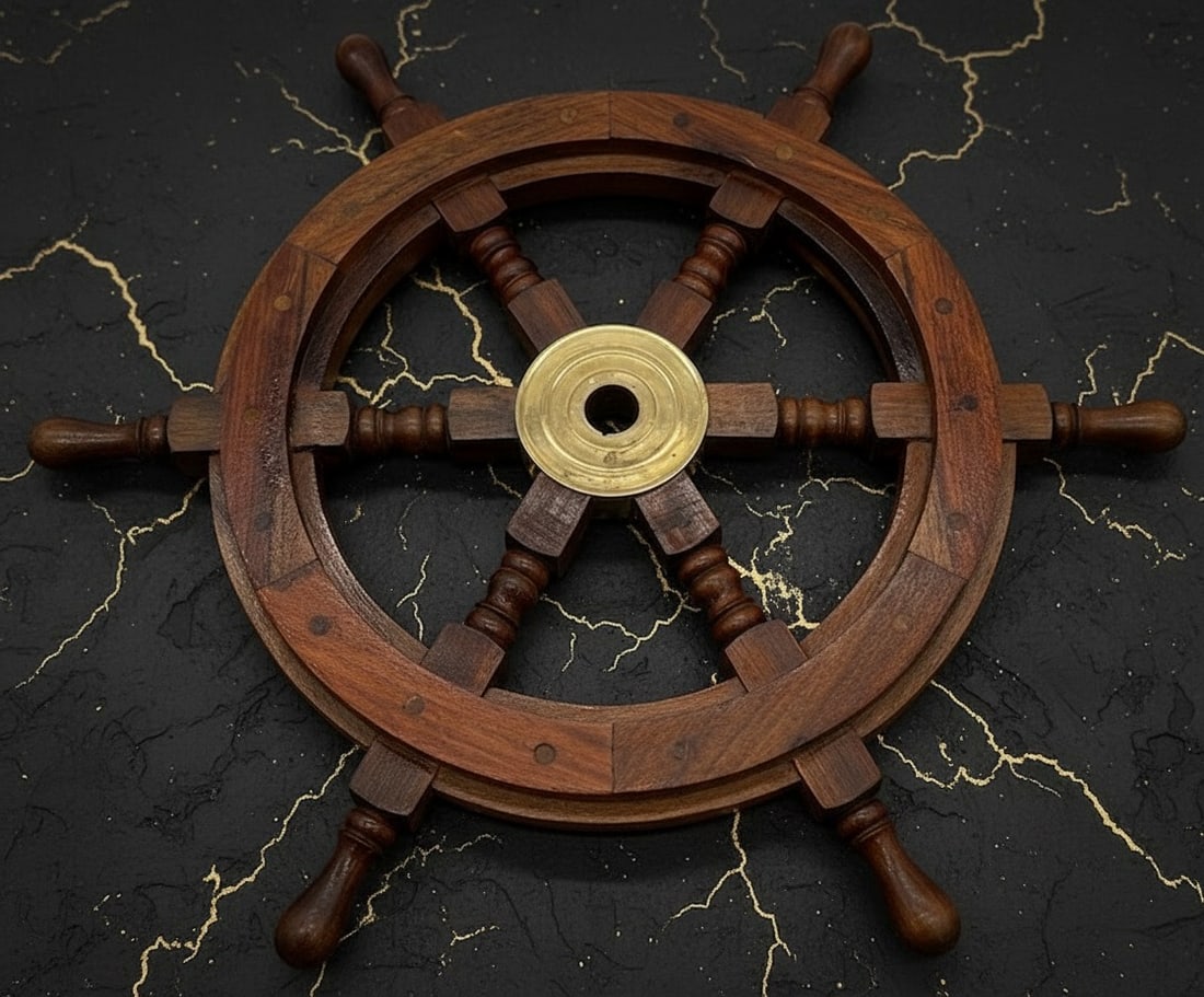 24" Antique Brass & Wood Ship Wheel Nautical Wall Decor Pirate Steering Helm - 4