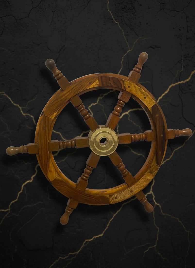 24" Antique Brass & Wood Ship Wheel Nautical Wall Decor Pirate Steering Helm - 5