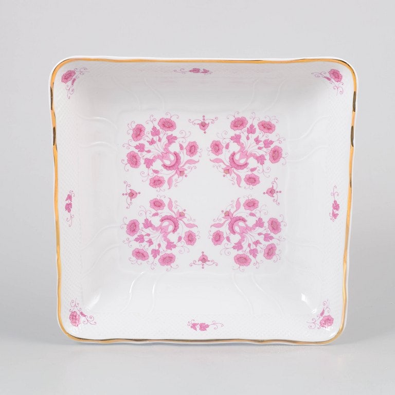 Hollohaza, Hungary. Large square serving bowl in white porcelain with pink floral decoration and - 2