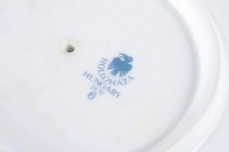 Hollohaza, Hungary. Sauce boat in white porcelain with pink floral decoration and gilt rim. Mid-20th - 3