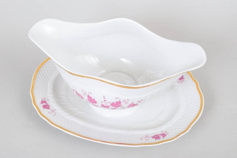 Hollohaza, Hungary. Sauce boat in white porcelain with pink floral decoration and gilt rim. Mid-20th - 4