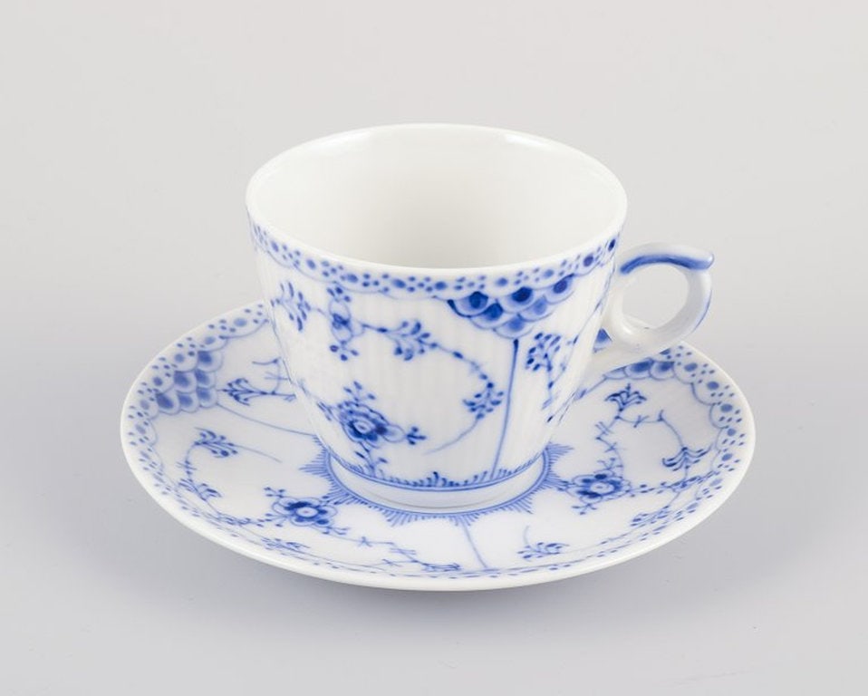 Royal Copenhagen Blue Fluted Half Lace. Four pairs of porcelain coffee cups and saucers. Approx - 2