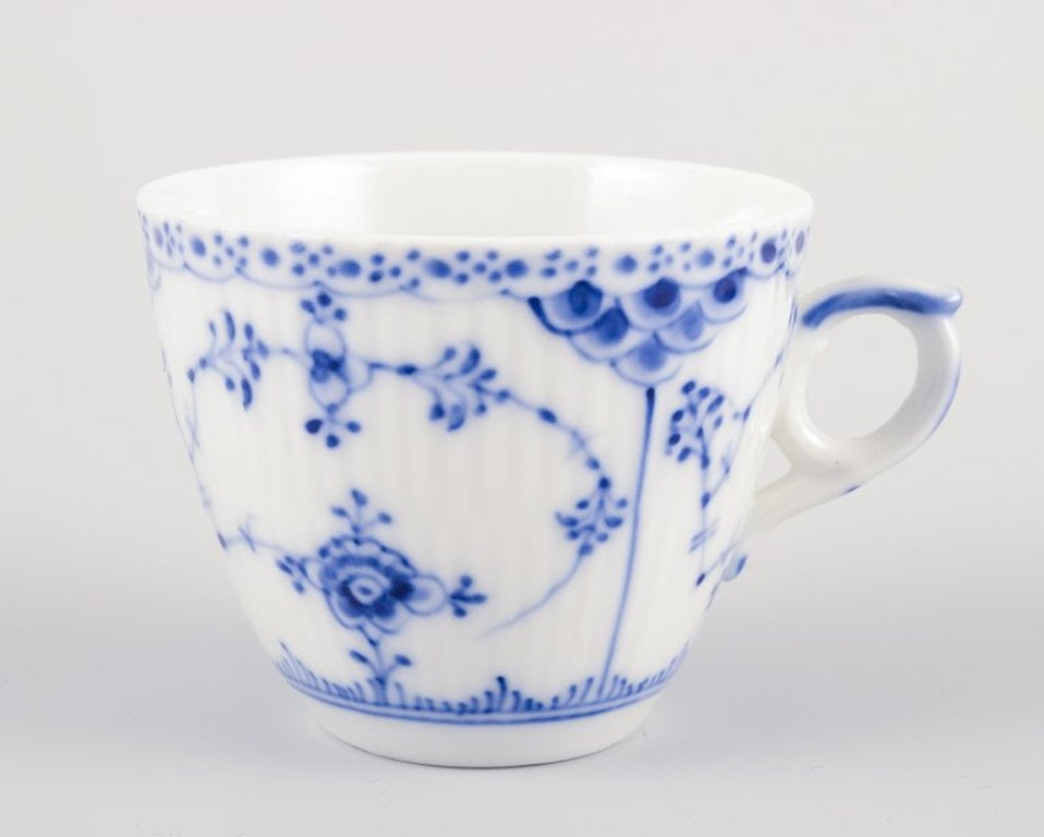 Royal Copenhagen Blue Fluted Half Lace. Four pairs of porcelain coffee cups and saucers. Approx - 3