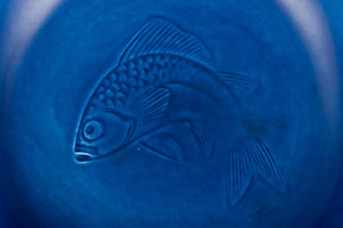 Nils Thorsson for Aluminia, Denmark. Faience bowl with blue glazed finish. Featuring a fish motif. - 4