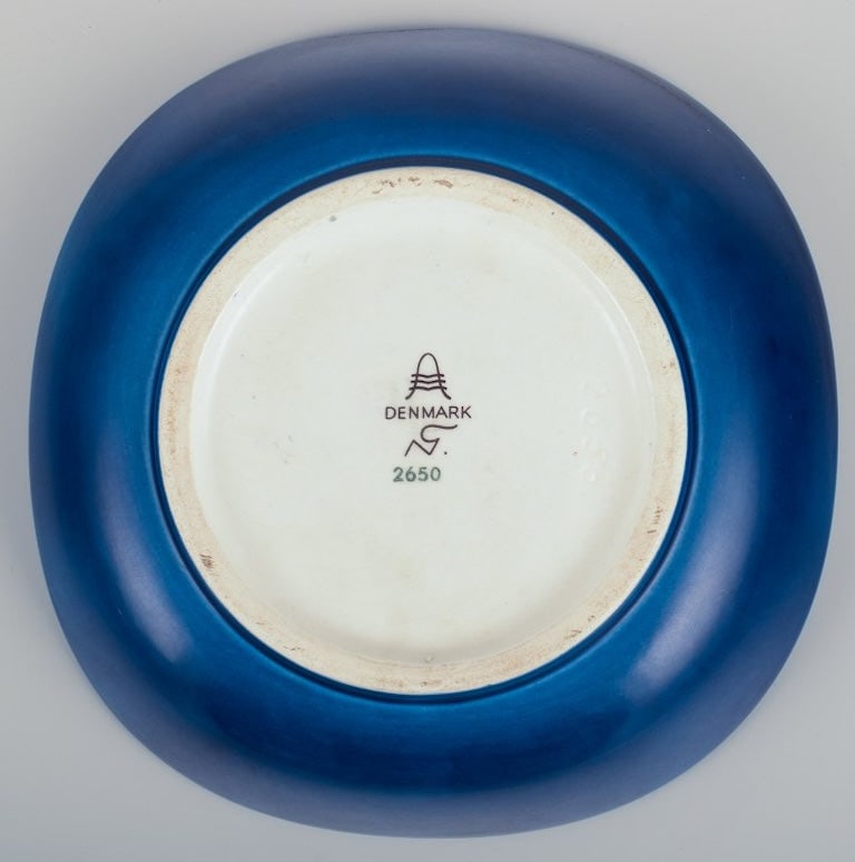 Nils Thorsson for Aluminia, Denmark. Faience bowl with blue glazed finish. Featuring a fish motif. - 5