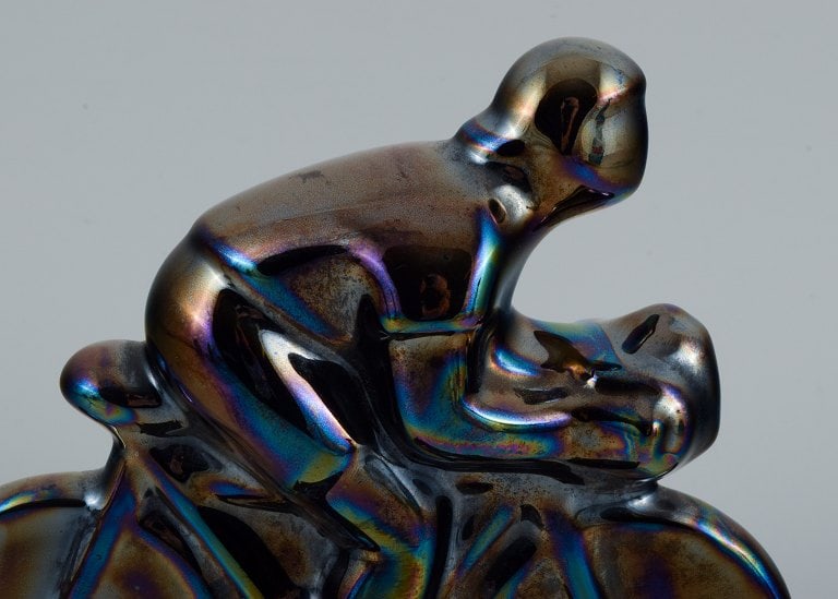 Rambervillers, French ceramic sculpture in the form of a cyclist with beautiful eosin glaze. - 4