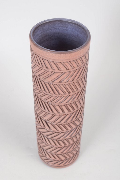 Ingrid Atterberg for Upsala-Ekeby. Tall cylindrical stoneware vase with geometric patterns. Approx - 2