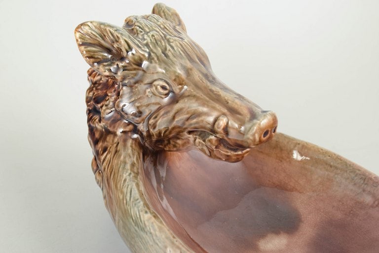 Hoganäs, Sweden. Stoneware wild boar bowl in warm brown and pink tones. Approx. 1920s. - 3