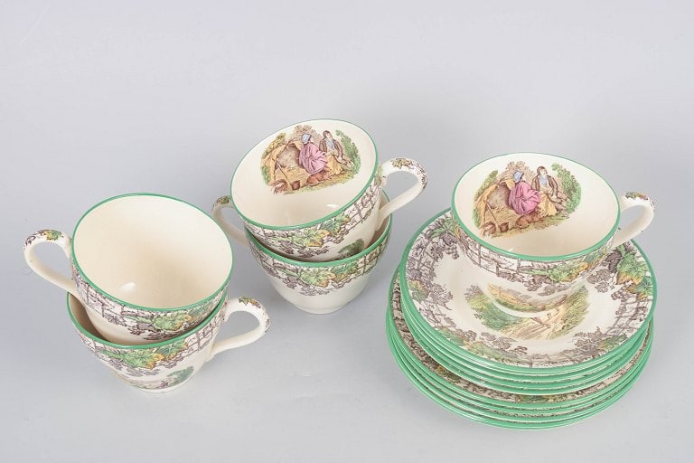 Copeland England Spodes Byron. Set of five faience coffee cups with matching saucers and five cake - 2