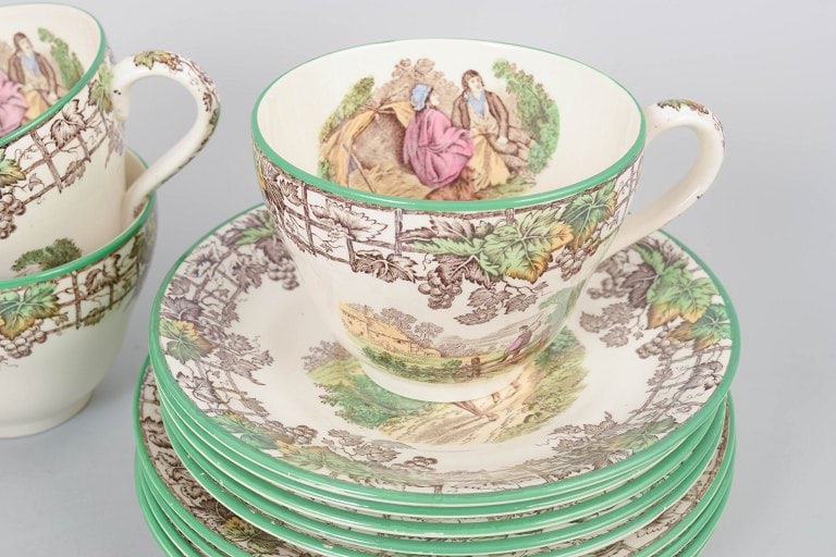 Copeland England Spodes Byron. Set of five faience coffee cups with matching saucers and five cake - 3