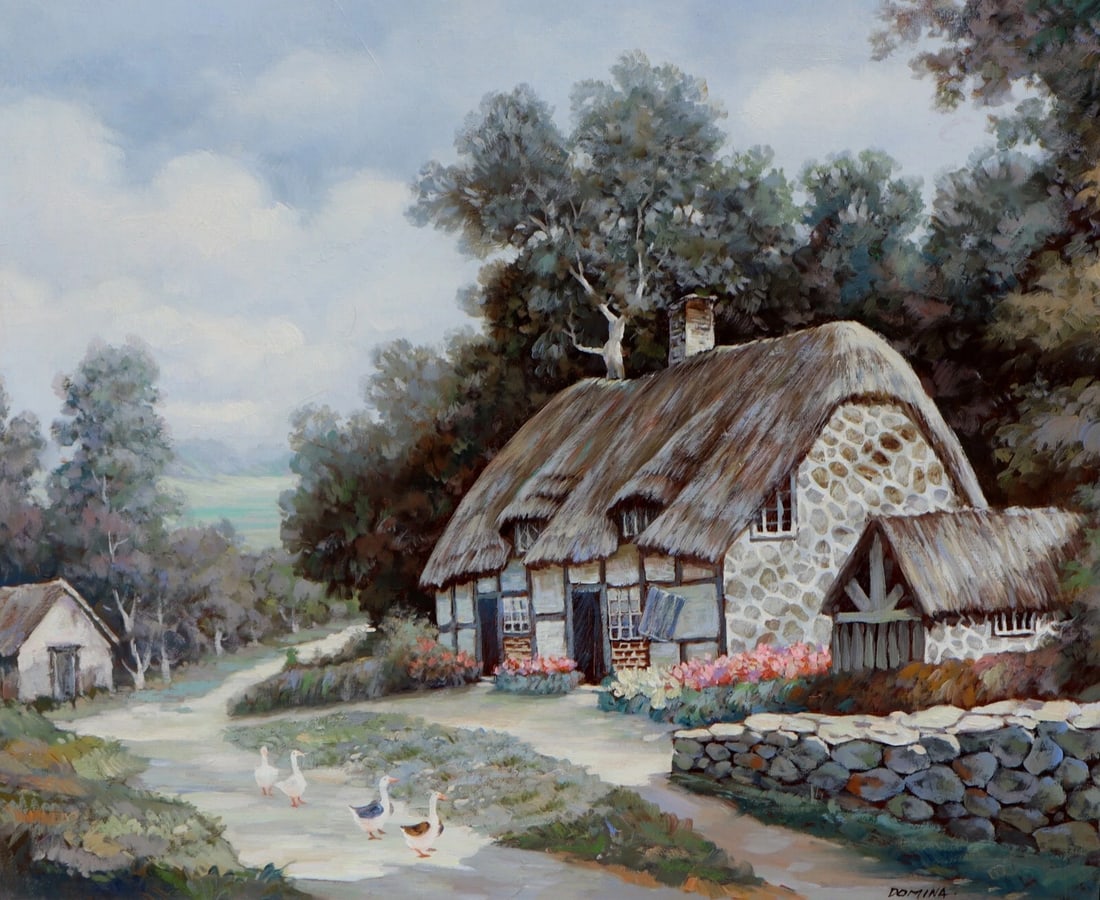 DOMINA Ducks by an English Thatched Cottage in the Country Vintage oil painting - 2