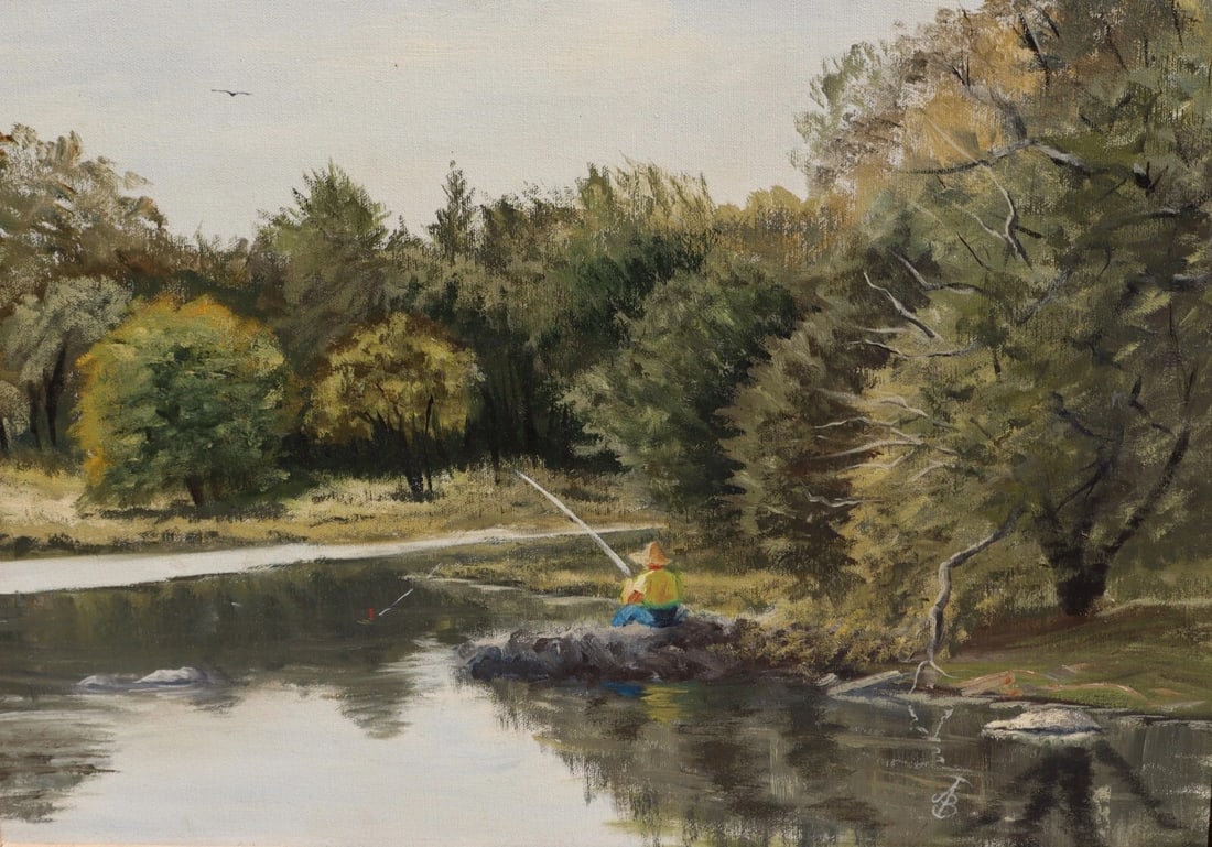 Mid Century Impressionist original oil painting Boy Fishing signed with monogram - 2