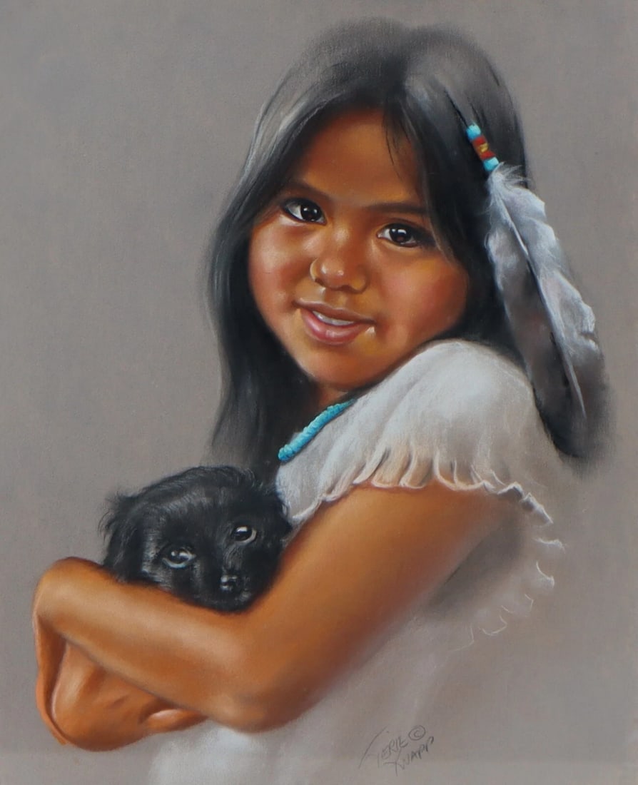 TERIE KNAPP California Artist Pastel painting of an INDIAN GIRL WITH PUPPY - 2