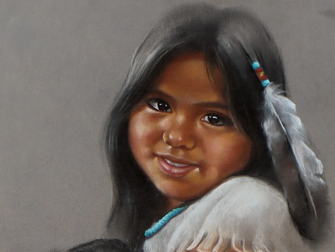 TERIE KNAPP California Artist Pastel painting of an INDIAN GIRL WITH PUPPY - 3