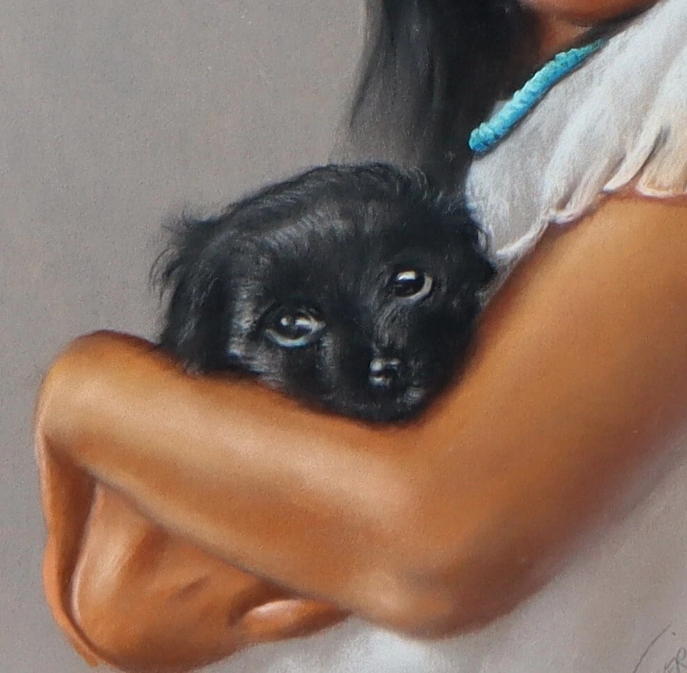TERIE KNAPP California Artist Pastel painting of an INDIAN GIRL WITH PUPPY - 4