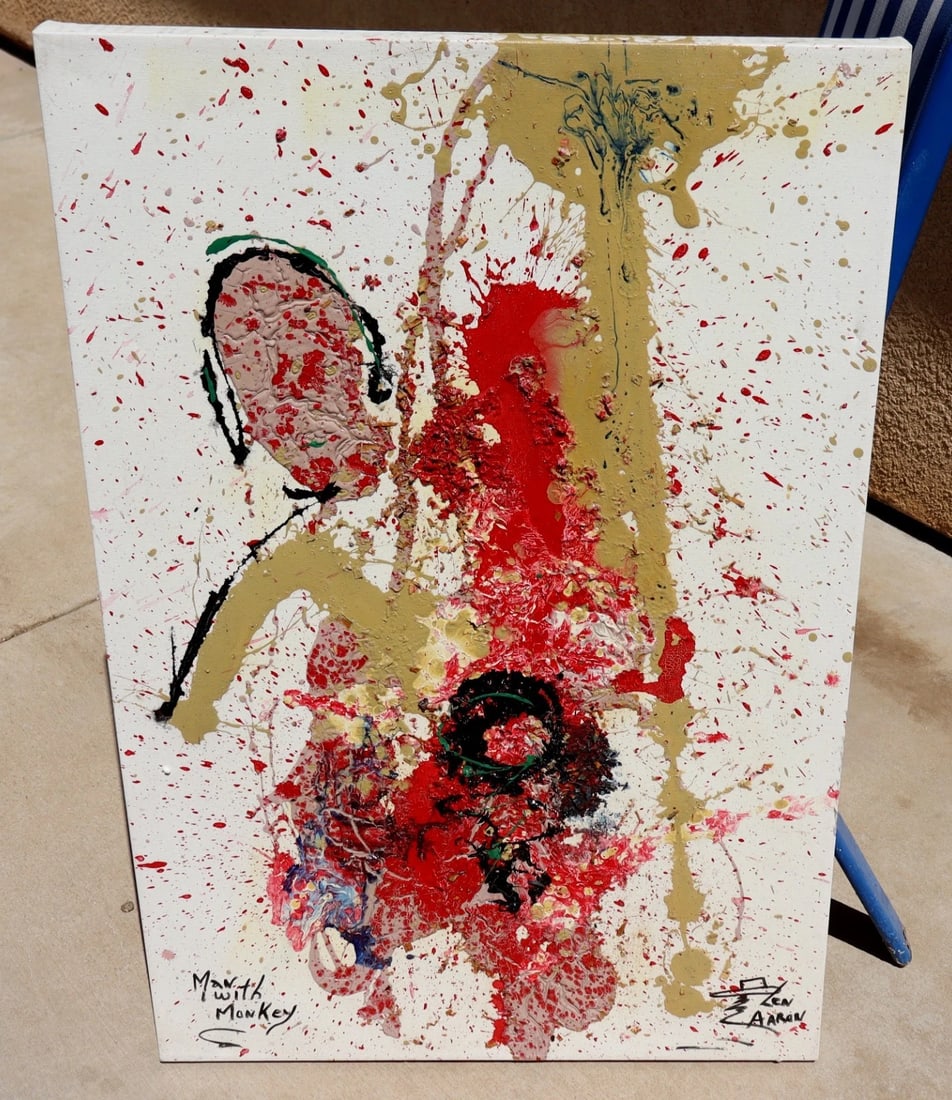 LEN AARON Original Mixed Media Mod Abstract "Man with Monkey" 36" x 24" Unframed - 2