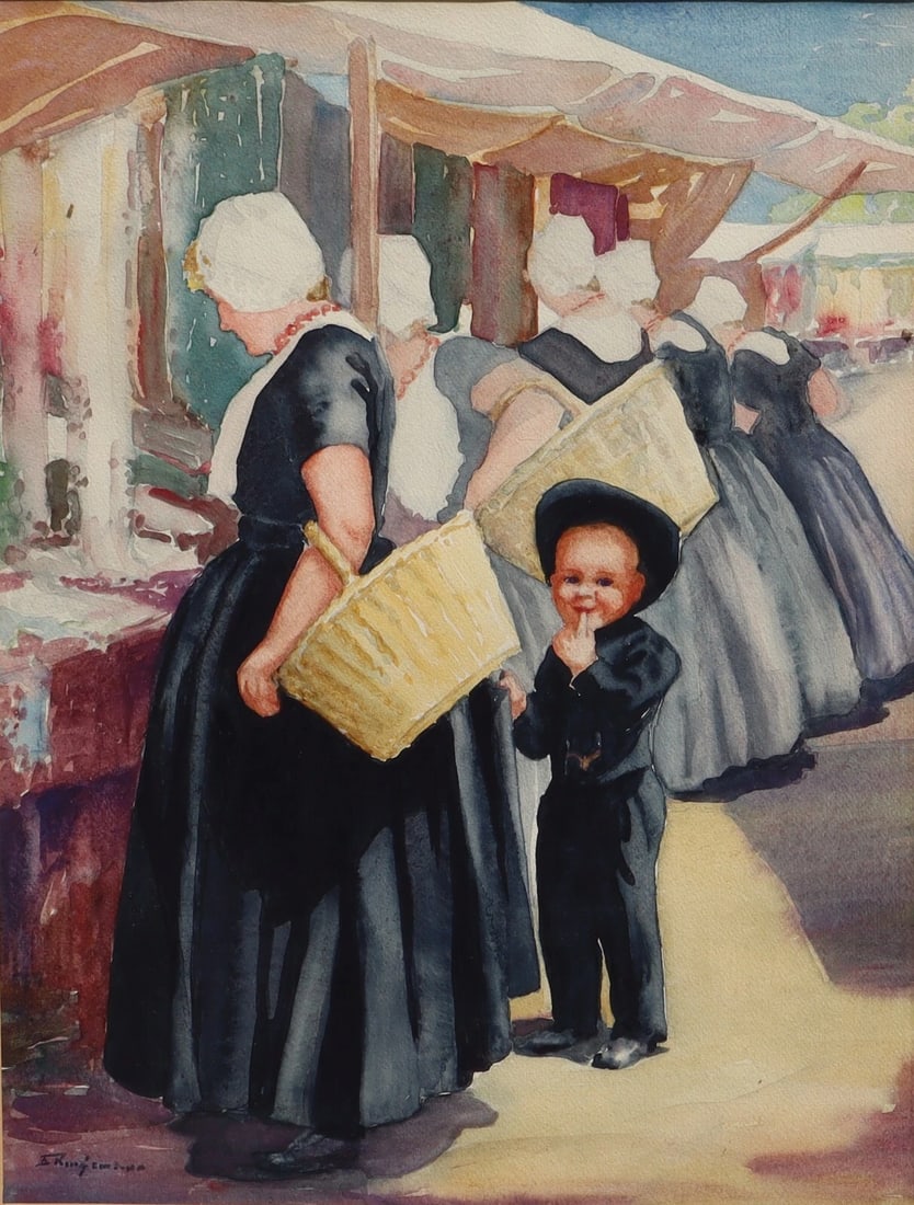 E. Evelyn Ringemann Mid Century watercolor Mother & Child in a Dutch Marketplace - 2