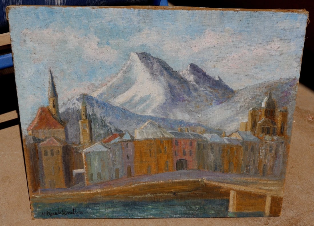HILDEGARDE HAMILTON Circa 1940s European Village w/ Snowy Mountains oil unframed - 2