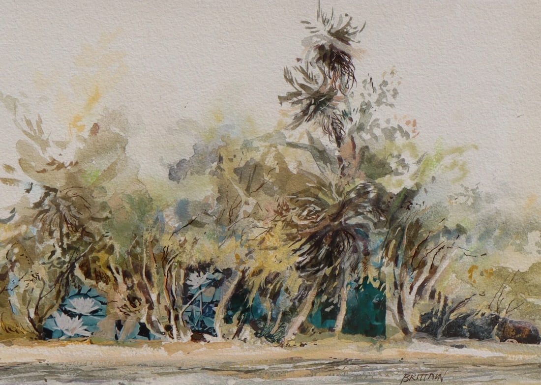 BRITTAIN Trees by a Shoreline original watercolor painting - 3